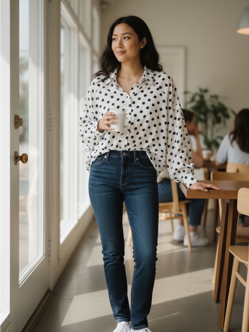 Main Strip White & Black Polka Dot Blouse – Size Large